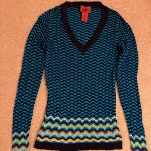 Missoni for Target blue sweater- Teal Blue V Neck Long Sleeve Sheer Rayon